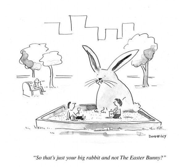 Cartoon of Easter bunny and two children in a sandbox