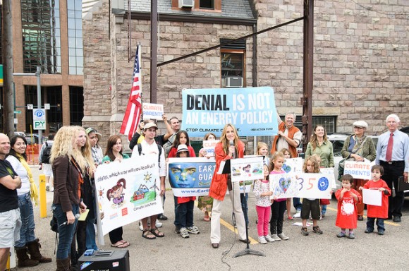 Climate Parents, Lisa Hoyos leading a rally.