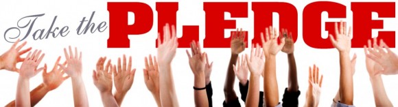hands raised with text that reads: take the pledge - against FirstEnergy Solutions